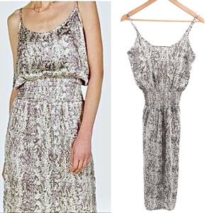 Vintage Havana Snakeskin Midi Dress Small Smock Waist Satiny Side Slits Neutral